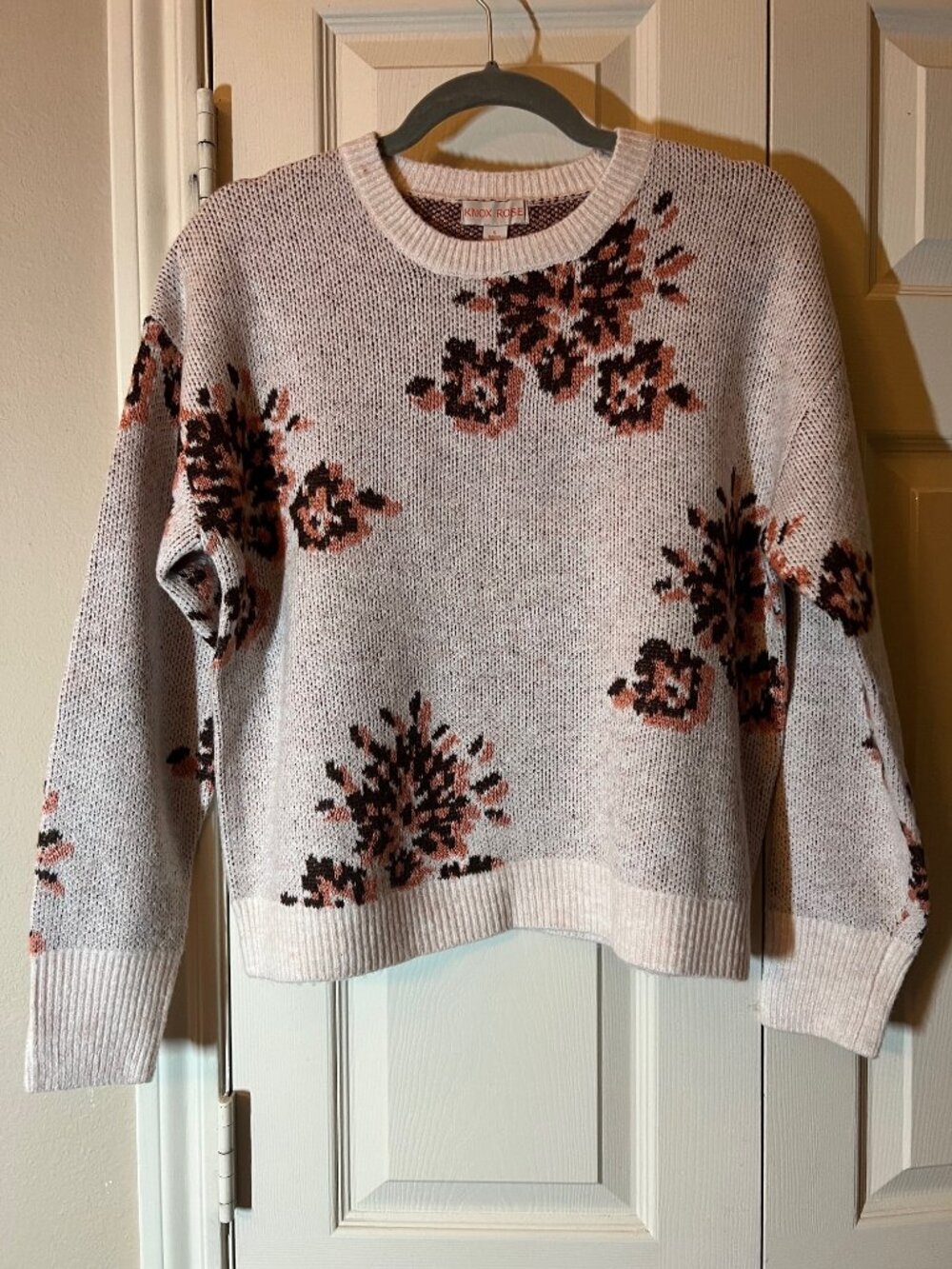 Women's Knox Rose Cream Floral Knit Pullover Sweater Boho Long Sleeve - Small